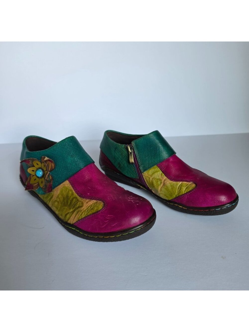 Socofy Leather Colorblock Floral Appliqué Comfort Shoes Boho Ankle Boots. Size 9